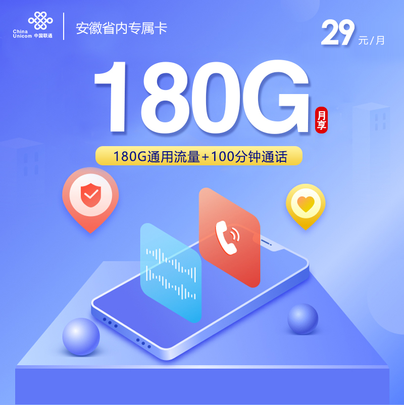 172号卡发布：联通安徽省内专属卡【四年29元180G流量+100分钟】  第1张