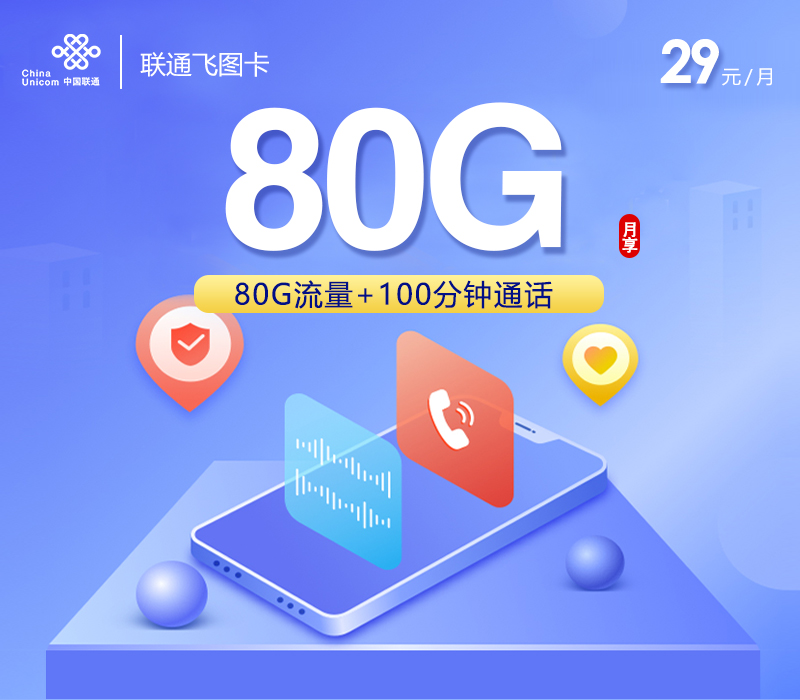 172号卡发布：联通飞图卡【29元80G流量+100分钟】