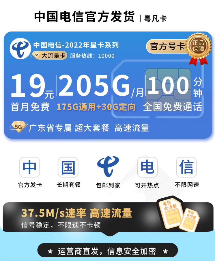 电信粤凡卡19元205G全国流量+100分钟TOP.png